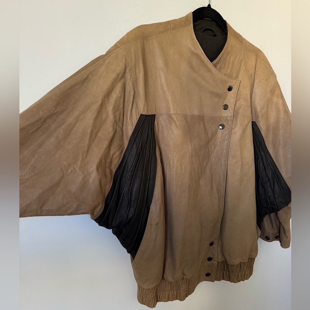 Mango Vintage Two Tone Leather Bomber Jacket - Size 6 - Picture 5 of 15